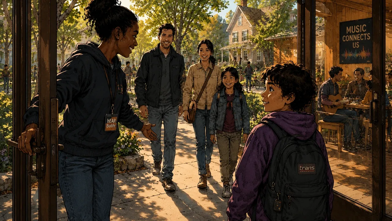 A family approaches the open disAPPility Studio entrance. A familiar hEAR Buddy holds the door while a recurring child recognizes the newcomer.