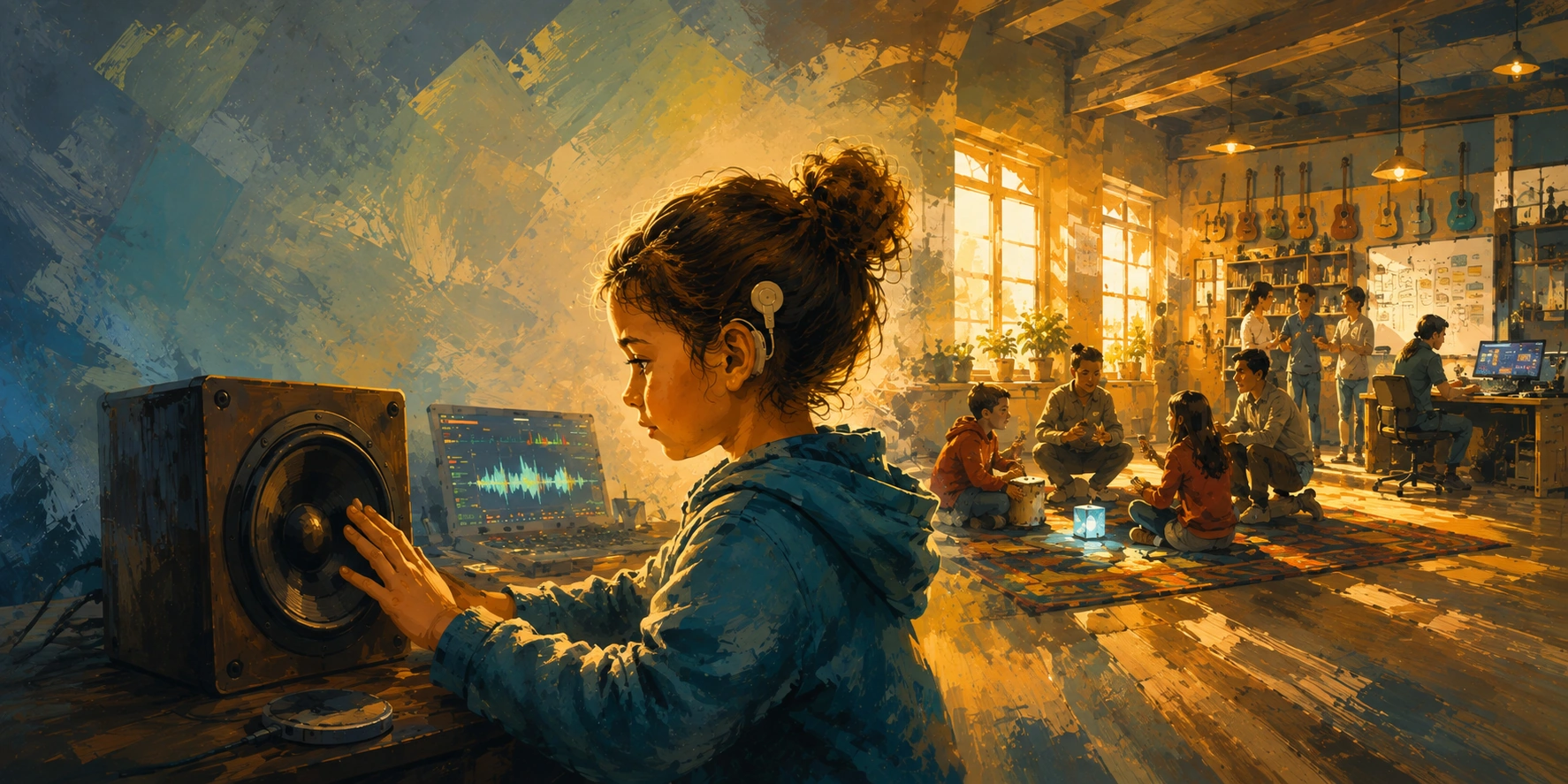 A Deaf or Hard of Hearing child with a cochlear implant rests a hand on a studio speaker, watching a waveform on a nearby screen, while other children and mentors gather in a sunlit music room beyond.