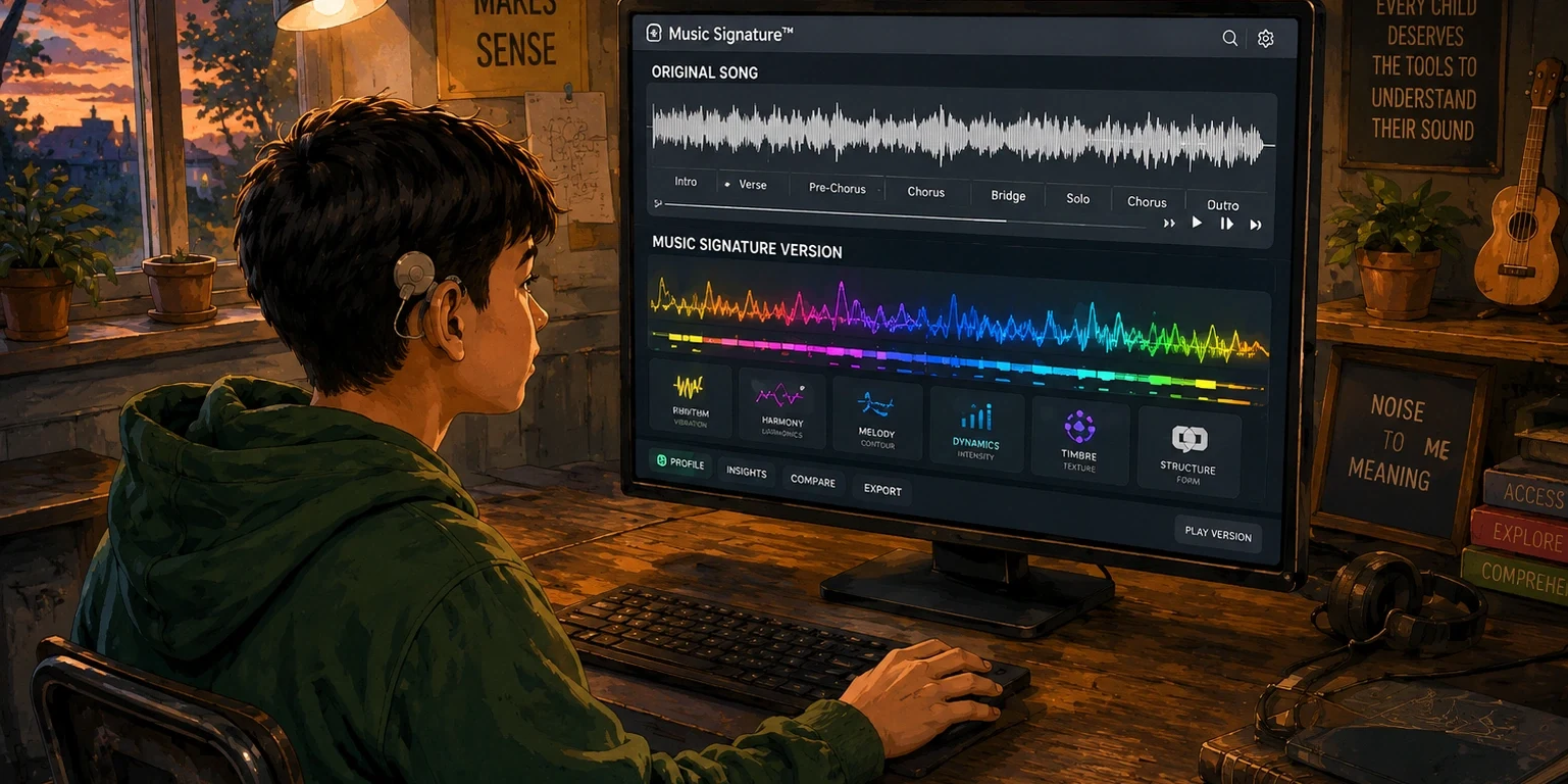 A Deaf or Hard of Hearing child with a cochlear implant studies the Music Signature application at dusk, a lamp lighting the desk, with the original song’s waveform displayed above and its colorful Music Signature interpretation below, surrounded by wall signs reading ‘Sound makes sense,’ ‘Every child deserves the tools to understand their sound,’ and ‘Noise to me meaning.’