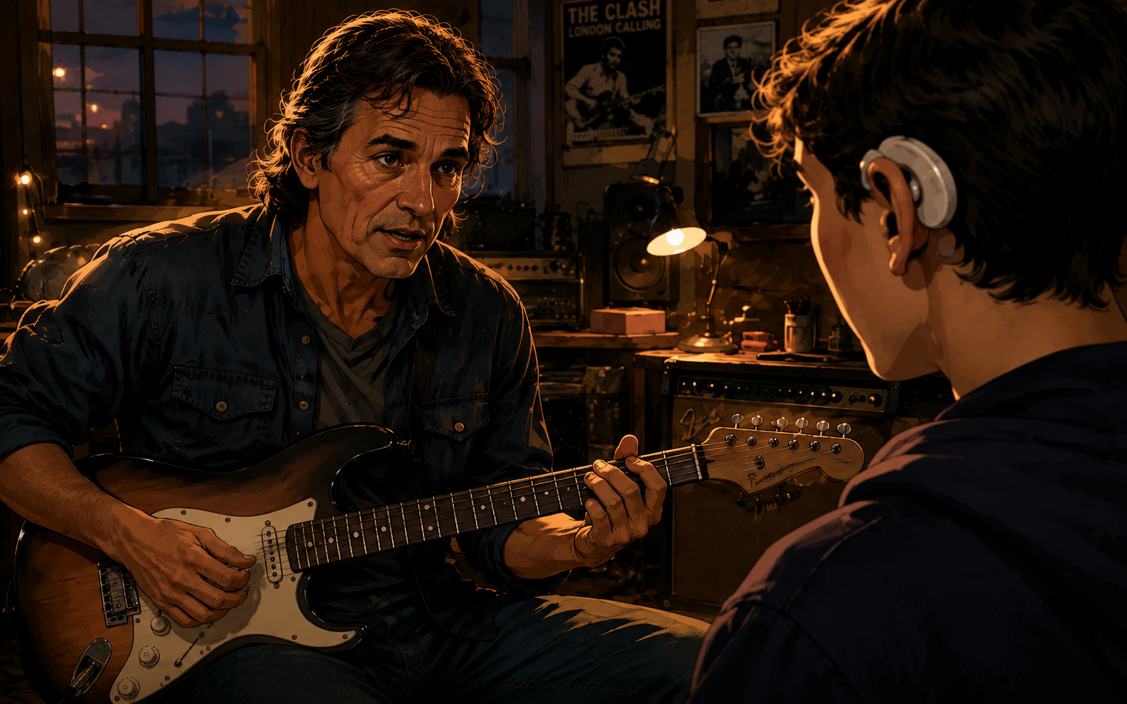 Teenage Ian, wearing a hearing aid in his left ear, watches a guitar instructor closely during a lesson, trying to follow the teacher's face, hands, and demonstration.