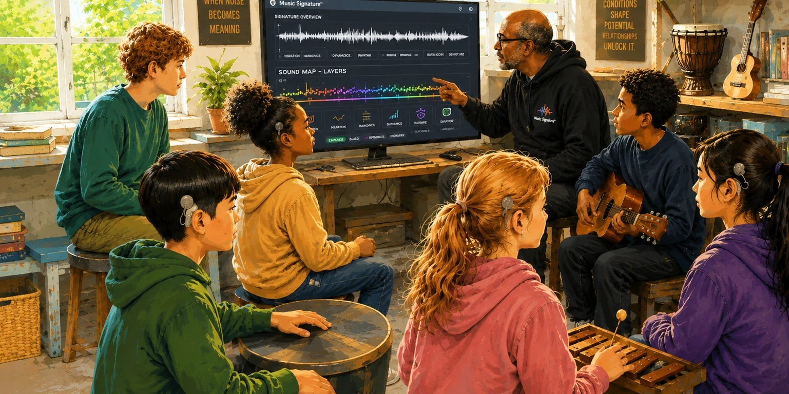 A facilitator points to the Music Signature sound map on a screen while Deaf and Hard of Hearing children, several wearing hearing aids or cochlear implants, gather around with a drum, guitar, and xylophone, in a sunlit room with wall signs reading ‘When noise becomes meaning’ and ‘Conditions shape potential. Relationships unlock it.’