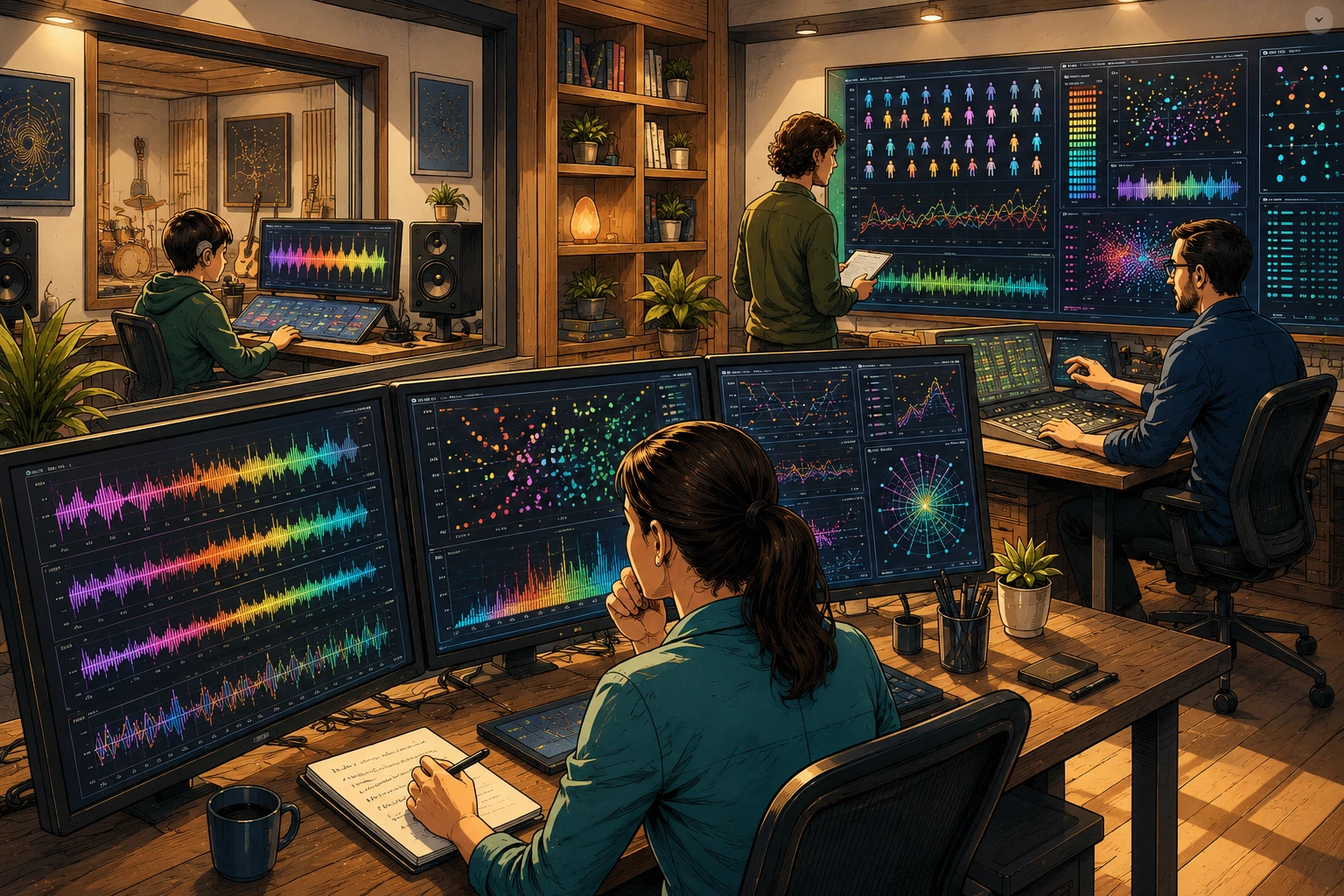Researchers analyze de-identified music-perception data, waveforms, stem comparisons, and listening patterns inside a bright graphic-novel-style Format Studio while a child participates at an accessible station in the background.